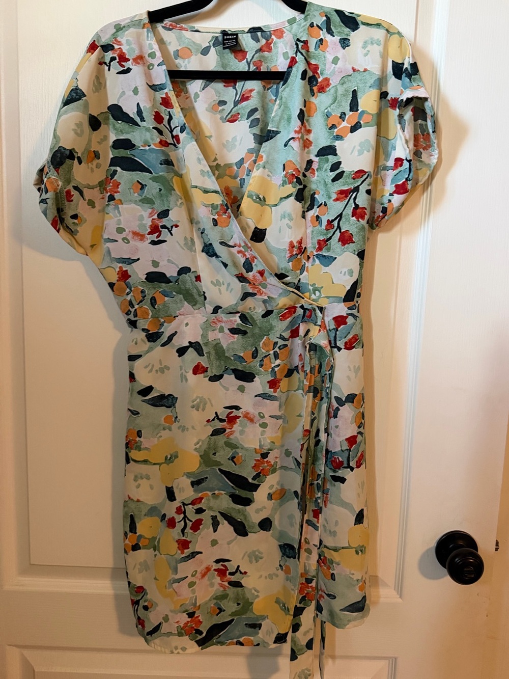 SHEIN Floral Faux Wrap Cinched Tie Waist Cuffed Sleeves Dress   Sz 8/10
